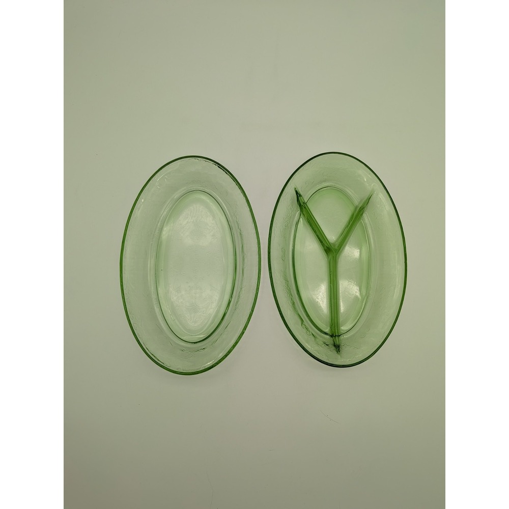 Vtg Hazel Atlas Florentine Green Uranium Glass Platter & 3-Part Relish Dish 10"